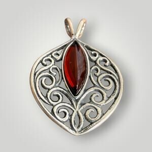 Vintage 925 Sterling Silver Cognac Amber Filigree Pendant Marquise Openwork